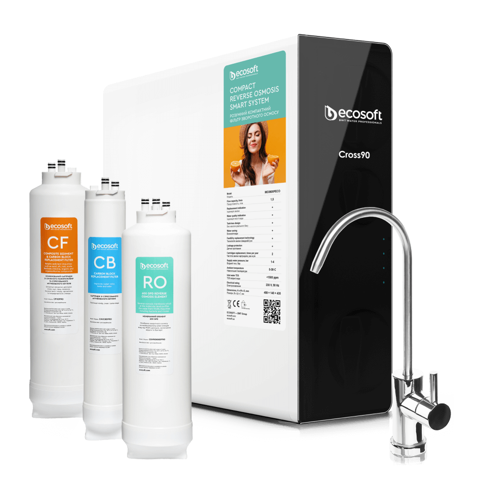 Purificator apa cu osmoza inversa Ecosoft Cross90, membrana 600 GPD, 4 stadii de filtrare, fara bazin cu debit direct 1.5 l/min, pompa booster inclusa si baterie cu indicator schimb consumabile