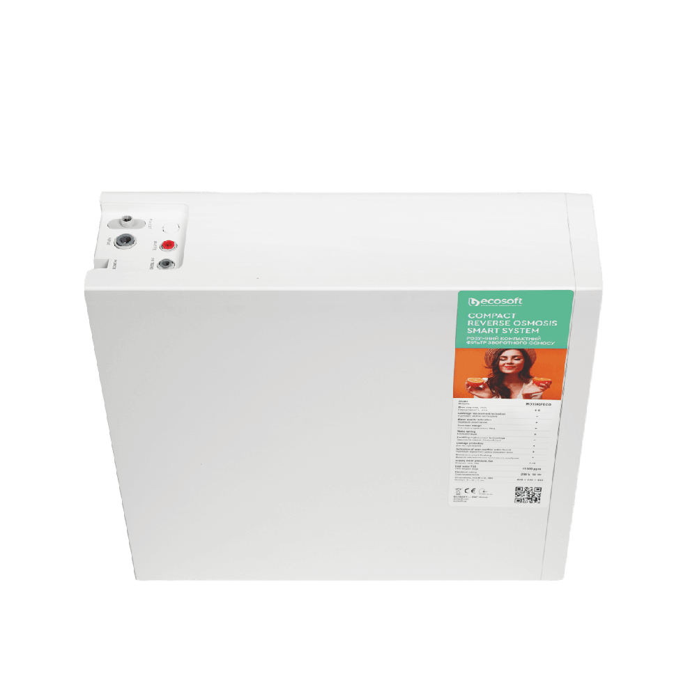 Purificator apa cu osmoza inversa Ecosoft Cross90, membrana 600 GPD, 4 stadii de filtrare, fara bazin cu debit direct 1.5 l/min, pompa booster inclusa si baterie cu indicator schimb consumabile