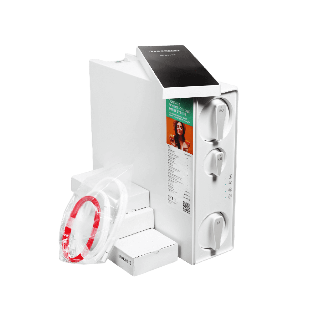 Purificator apa cu osmoza inversa Ecosoft Cross90, membrana 600 GPD, 4 stadii de filtrare, fara bazin cu debit direct 1.5 l/min, pompa booster inclusa si baterie cu indicator schimb consumabile