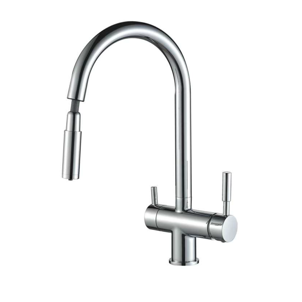 Baterie bucatarie cu 3 cai Premier Extend, finisaj cromat inox, dus extractibil, pipa pivotanta 180°, cartus ceramic, alimentare separata apa filtrata si apa menajera rece/calda