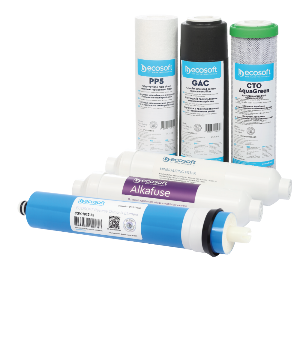 Set cartușe filtrante Ecosoft Alkafuse 6 stadii, osmoză inversă cu membrană 75 GPD, remineralizare și creștere pH, standard 10 inch, conectori rapizi 1/4