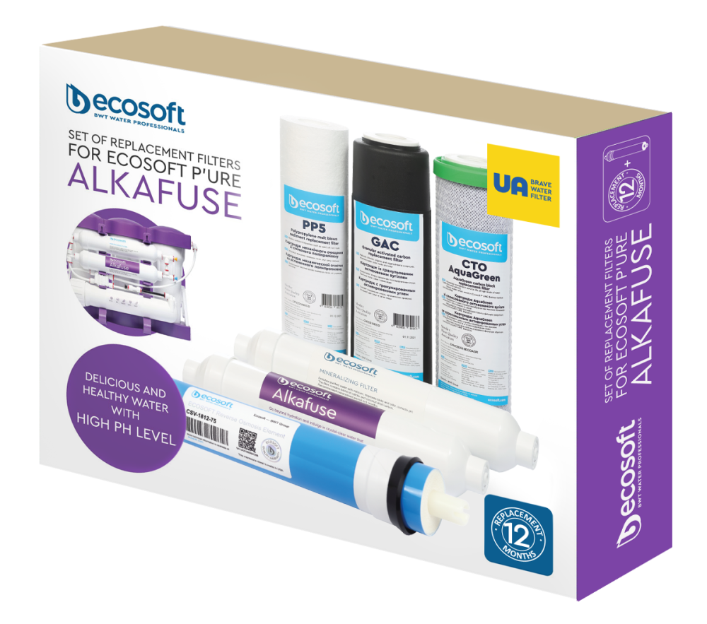 Set cartușe filtrante Ecosoft Alkafuse 6 stadii, osmoză inversă cu membrană 75 GPD, remineralizare și creștere pH, standard 10 inch, conectori rapizi 1/4
