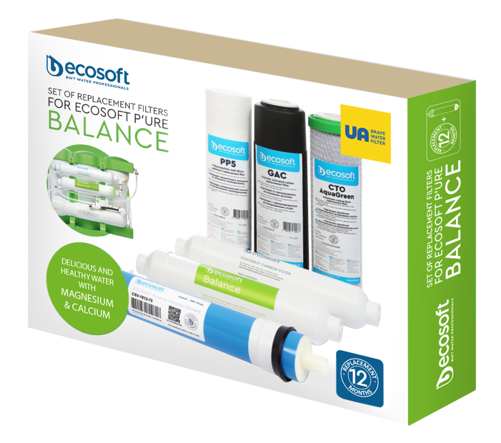 Kit cartușe filtrante Ecosoft Balance complet 6 stadii, membrană osmoză inversă 75 GPD, remineralizare Ca+Mg, standard 10 inch, mufă rapidă 1/4