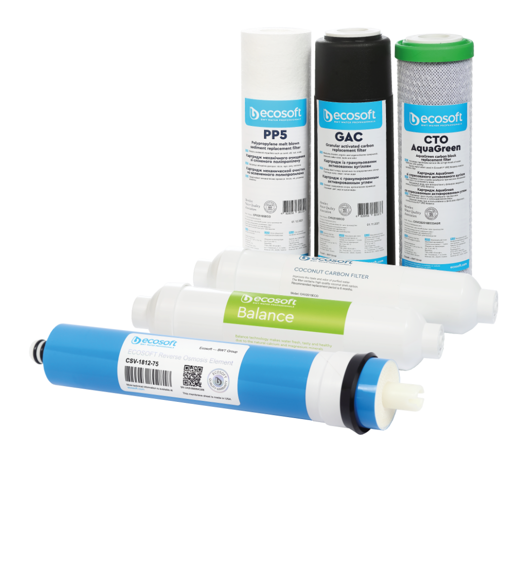 Kit cartușe filtrante Ecosoft Balance complet 6 stadii, membrană osmoză inversă 75 GPD, remineralizare Ca+Mg, standard 10 inch, mufă rapidă 1/4