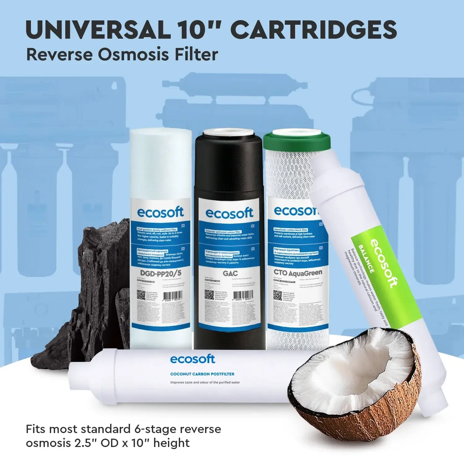 Kit cartușe filtrante Ecosoft Balance complet 6 stadii, membrană osmoză inversă 75 GPD, remineralizare Ca+Mg, standard 10 inch, mufă rapidă 1/4