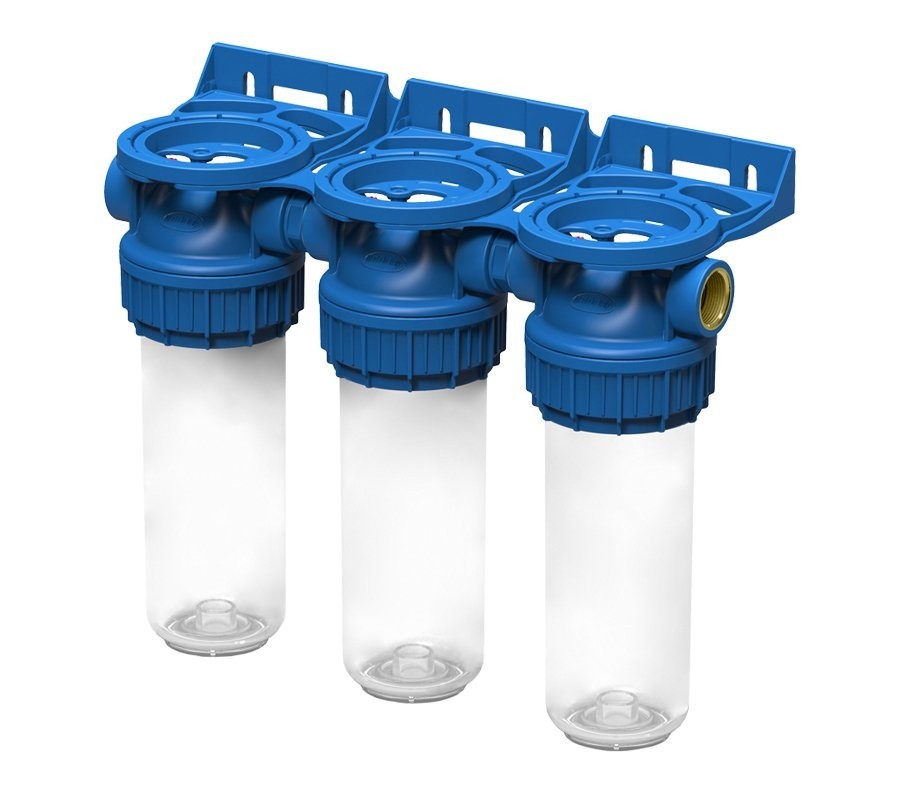 Set 3 carcase filtrare transparente FILTRO Triplex TPP3P, conexiune alama 3/4 inch, presiune maxima 8 bar