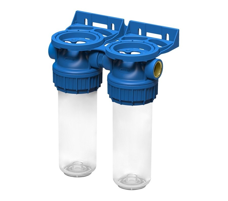 Set 2 carcase filtrare transparente FILTRO Duplex DPP3P, conexiune alama 3/4 inch, presiune maxima 8 bar