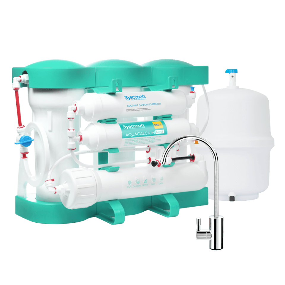 Sistem de filtrare cu osmoza inversa Ecosoft AquaCalcium Mint, 6 stadii, membrana 75 GPD, remineralizare cu calciu, fara pompa, bazin de stocare inclus