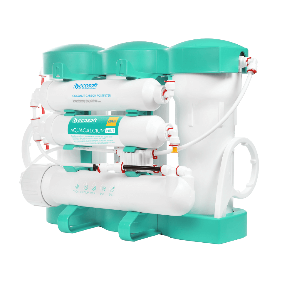 Sistem de filtrare cu osmoza inversa Ecosoft AquaCalcium Mint, 6 stadii, membrana 75 GPD, remineralizare cu calciu, fara pompa, bazin de stocare inclus