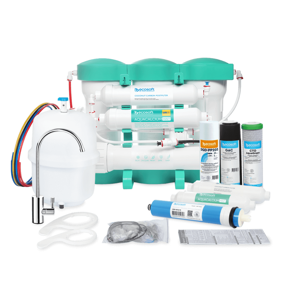 Sistem de filtrare cu osmoza inversa Ecosoft AquaCalcium Mint, 6 stadii, membrana 75 GPD, remineralizare cu calciu, fara pompa, bazin de stocare inclus