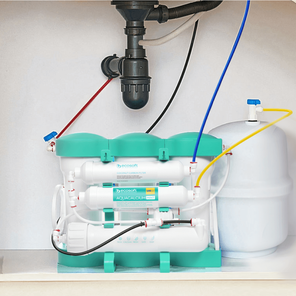 Sistem de filtrare cu osmoza inversa Ecosoft AquaCalcium Mint, 6 stadii, membrana 75 GPD, remineralizare cu calciu, fara pompa, bazin de stocare inclus