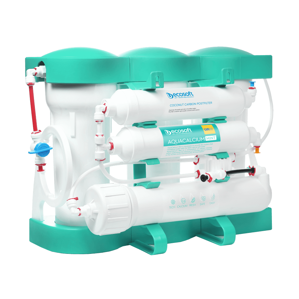 Sistem de filtrare cu osmoza inversa Ecosoft AquaCalcium Mint, 6 stadii, membrana 75 GPD, remineralizare cu calciu, fara pompa, bazin de stocare inclus