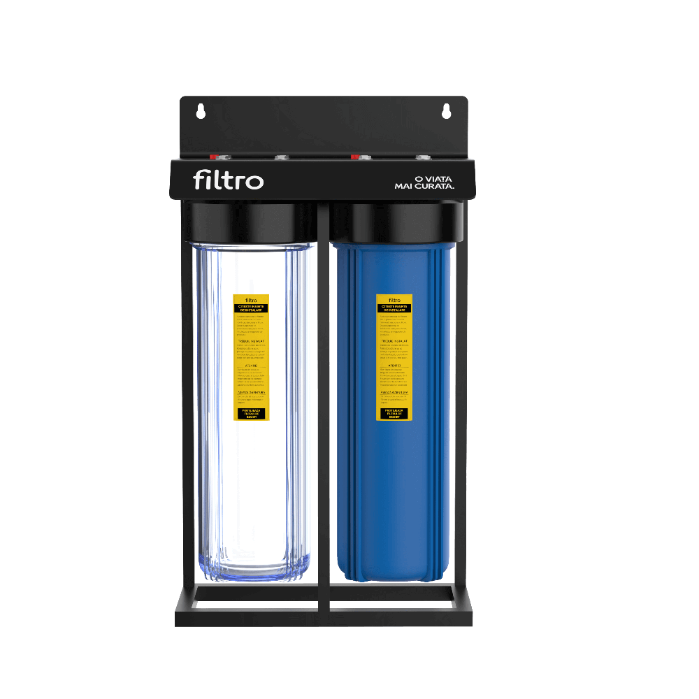 Carcasa filtru apa FILTRO BIG BLUE 20 TWIN MIX, set 2 bucati, conexiune 1 inch alama, filtrare mecanica in 2 stadii, cadru metalic, supapa presiune si cheie incluse