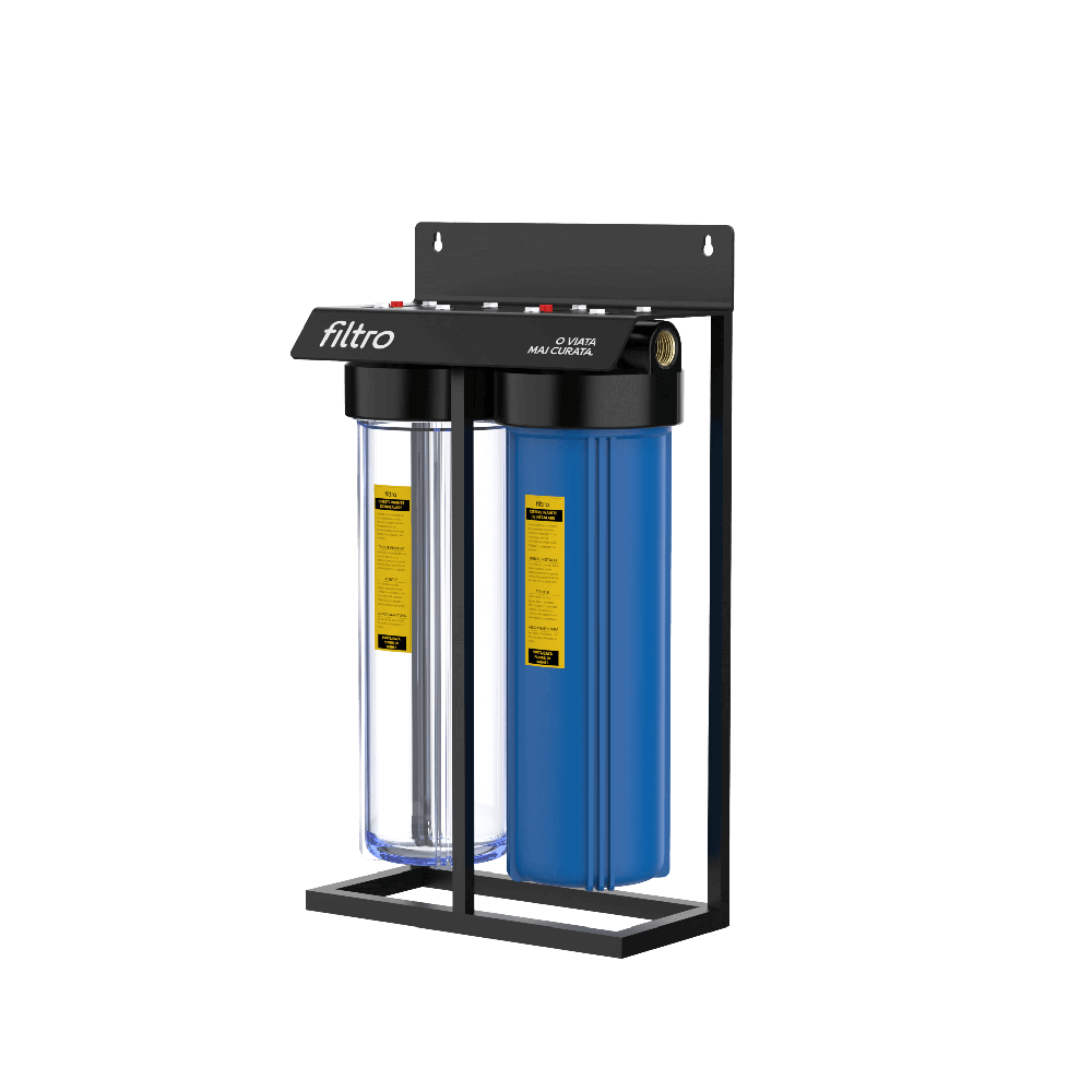 Carcasa filtru apa FILTRO BIG BLUE 20 TWIN MIX, set 2 bucati, conexiune 1 inch alama, filtrare mecanica in 2 stadii, cadru metalic, supapa presiune si cheie incluse