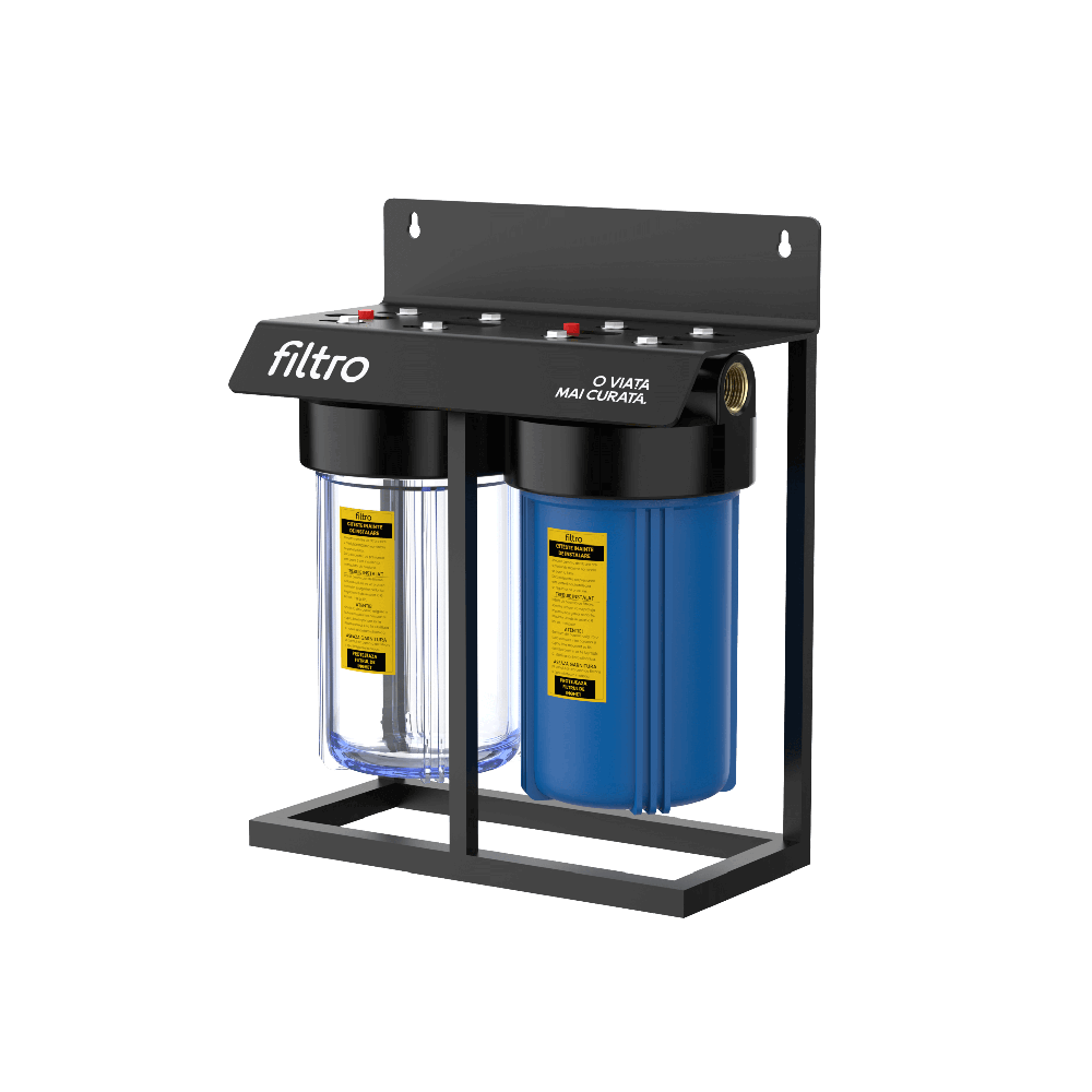 Set 2 carcase filtrare FILTRO BIG BLUE 10 TWIN MIX, conexiune 1 inch alama, supapa eliberare presiune, cadru metalic, 2 stadii filtrare mecanica, debit 35 l/min, dimensiune cartus 4.5x10 inch
