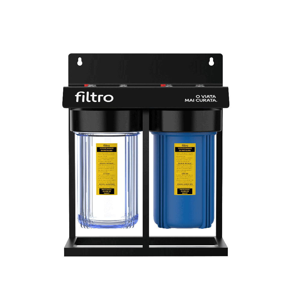 Set 2 carcase filtrare FILTRO BIG BLUE 10 TWIN MIX, conexiune 1 inch alama, supapa eliberare presiune, cadru metalic, 2 stadii filtrare mecanica, debit 35 l/min, dimensiune cartus 4.5x10 inch