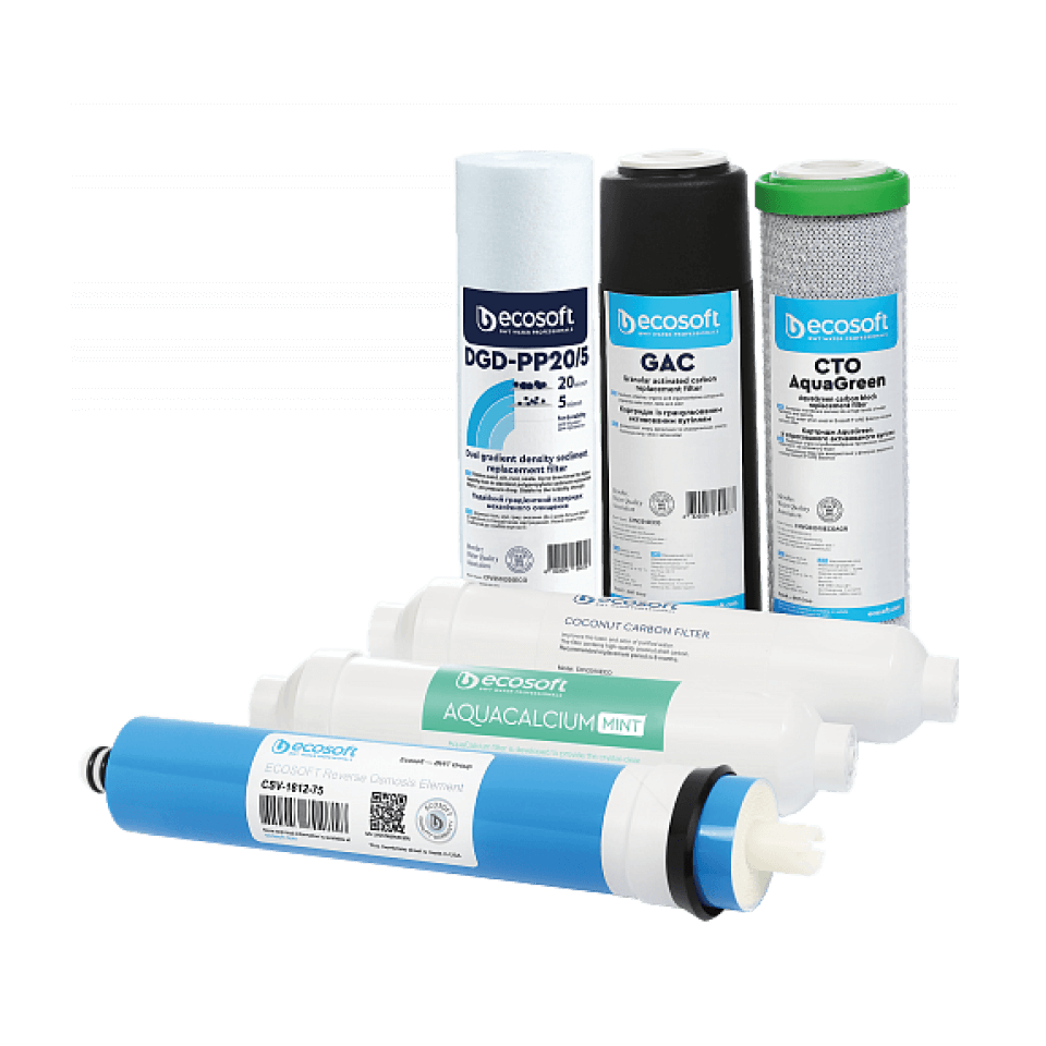 Set cartușe osmoză inversă Ecosoft AquaCalcium, 6 stadii cu membrană 75 GPD și remineralizare, format standard 10 inch, mufe rapide 1/4, durată 6 luni