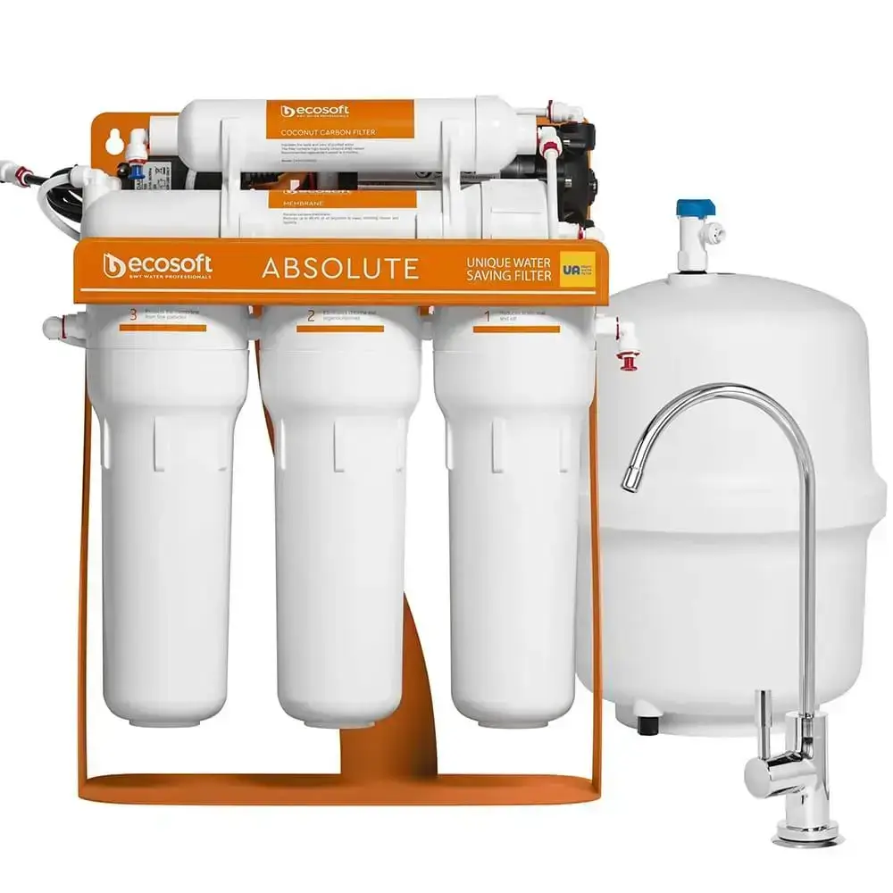Sistem osmoza inversa cu pompa booster Ecosoft Absolute PRO, 6 stadii de filtrare, 75 GPD, remineralizare, cadru metalic, bazin de stocare inclus
