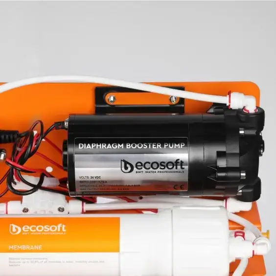 Sistem osmoza inversa cu pompa booster Ecosoft Absolute PRO, 6 stadii de filtrare, 75 GPD, remineralizare, cadru metalic, bazin de stocare inclus