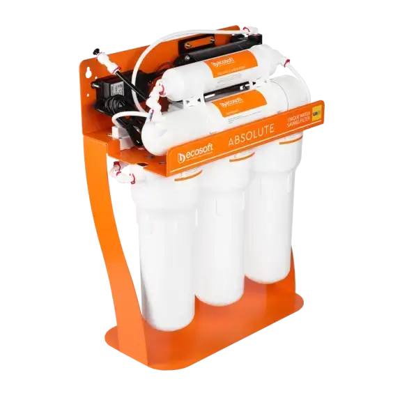 Sistem osmoza inversa cu pompa booster Ecosoft Absolute PRO, 6 stadii de filtrare, 75 GPD, remineralizare, cadru metalic, bazin de stocare inclus