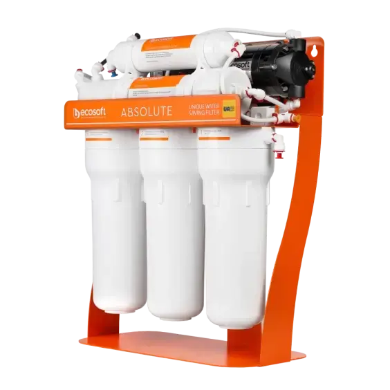 Sistem osmoza inversa cu pompa booster Ecosoft Absolute PRO, 6 stadii de filtrare, 75 GPD, remineralizare, cadru metalic, bazin de stocare inclus