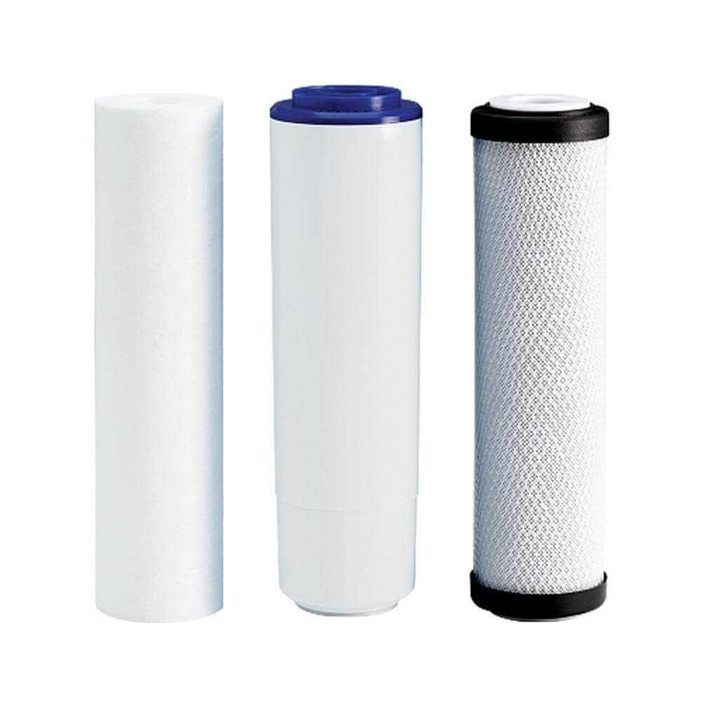 Set 3 cartuse filtrante Ecosoft Ecomix, microfiltrare in 3 stadii, dedurizare si eliminare clor, cartuse 2.5x10 inch, grad filtrare 5 microni, pentru apa rece la chiuveta