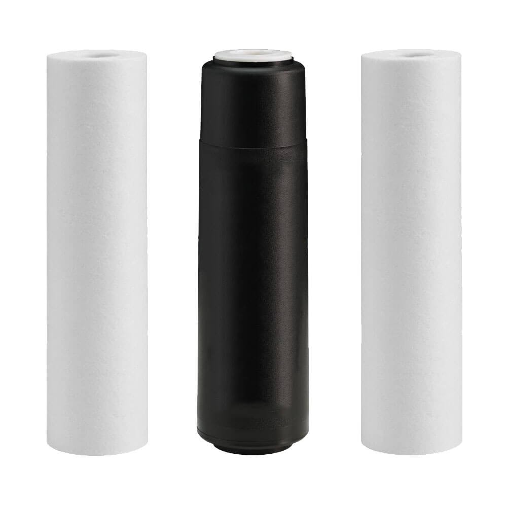 Set cartuse prefiltrare Ecosoft ES-CPV3, 3 stadii, microfiltrare 1 micron, cartuse 2.5x10 inch din polipropilena si carbune activat granular