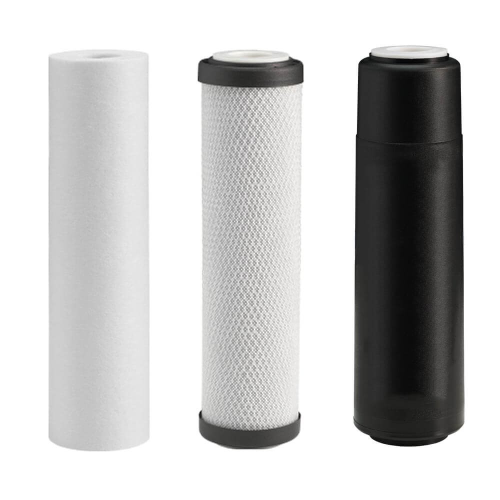 Cartuse filtrante de schimb Ecosoft FL-SET3-ECONOMIC, set 3 stadii 10 inch, polipropilena 5 microni, carbune activat bloc si granular, pentru filtrare apa rece la chiuveta