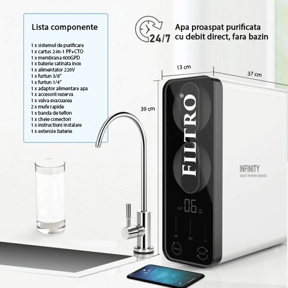 Sistem de osmoză inversă cu debit direct FILTRO INFINITY DF600-ALK3, 600 GPD, 6 stadii de filtrare, remineralizare, pompă booster și display cu monitorizare TDS