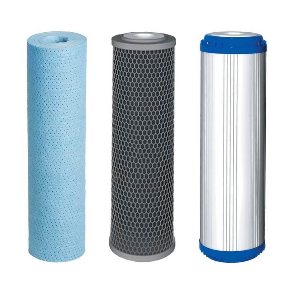 Cartuse filtrante Aquafilter set 3 bucati, seria argint antibacteriana, polipropilena BACinix, carbon bloc si granular cu KDF, microfiltrare 5 microni, dedurizare, compatibile sisteme 10 inch