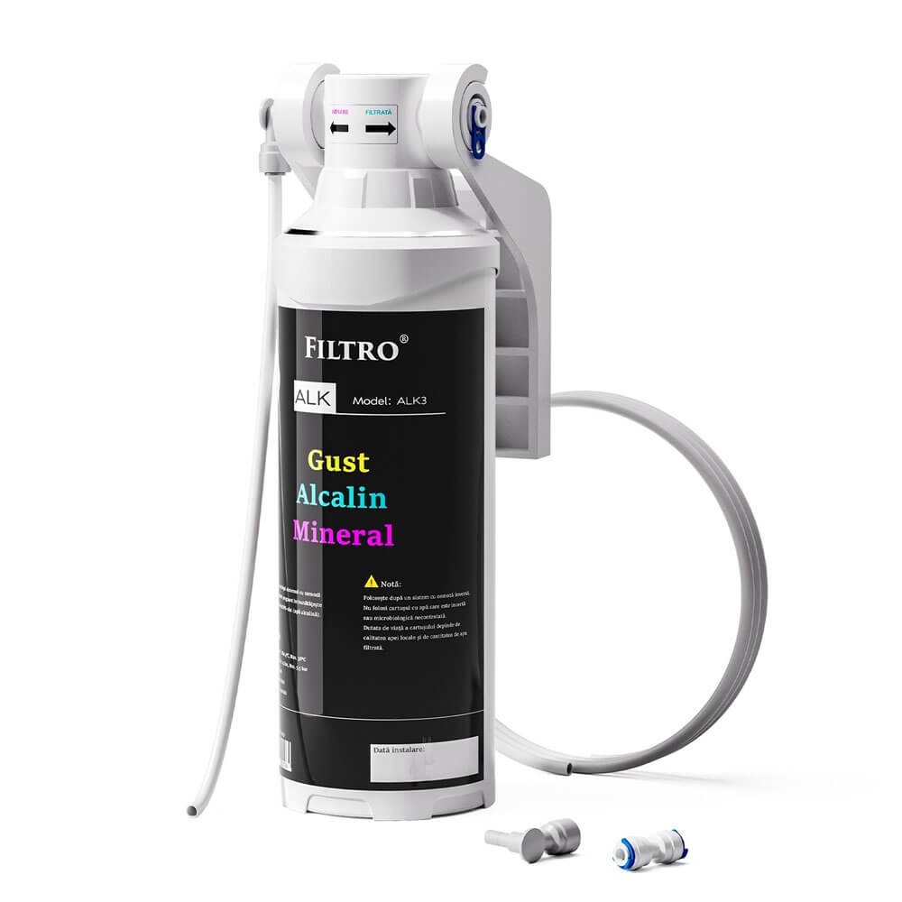 Sistem osmoză inversă direct flow FILTRO INFINITY+ DF1000-ALK3, 1000 GPD, 6 stadii filtrare, remineralizare ALK3, pompă booster, display TDS, debit 2.6 l/min, fără bazin