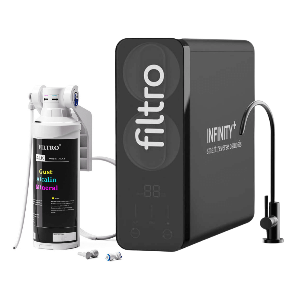 Sistem osmoză inversă direct flow FILTRO INFINITY+ DF1000-ALK3, 1000 GPD, 6 stadii filtrare, remineralizare ALK3, pompă booster, display TDS, debit 2.6 l/min, fără bazin