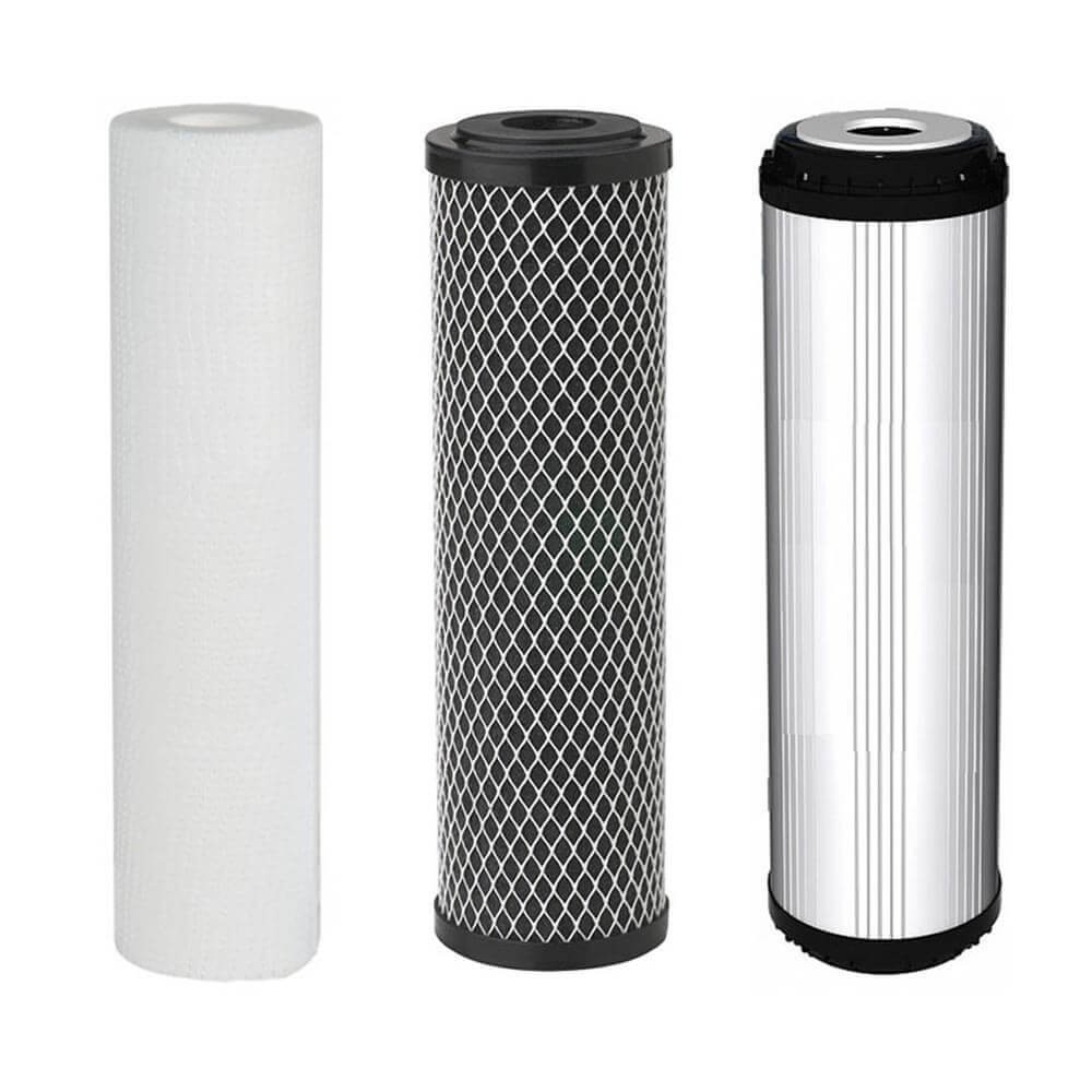 Cartușe filtrante Aquafilter FL-SET3-STD, set 3 stadii 10 inch, polipropilenă 5 microni, carbune activat bloc și granular, filtrare sedimente și clor