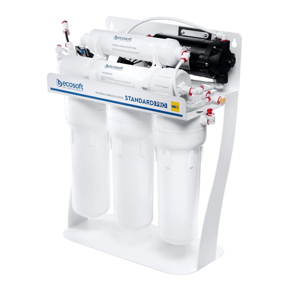 Sistem osmoza inversa cu pompa booster Ecosoft Standard PRO, 5 stadii de filtrare, membrana 50 GPD, bazin stocare 12 litri inclus, filtrare 0.0001 microni