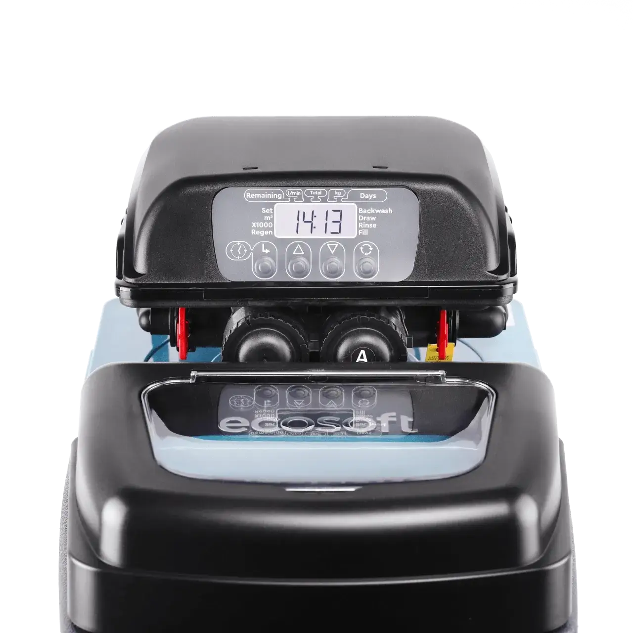 Dedurizator apa cabinet FILTRO Blue 100, valva Clack DV 1 inch, 10 litri rasina Dowex, debit 1.2 m3/h, regenerare volumetrica sau temporizata, inaltime 47 cm