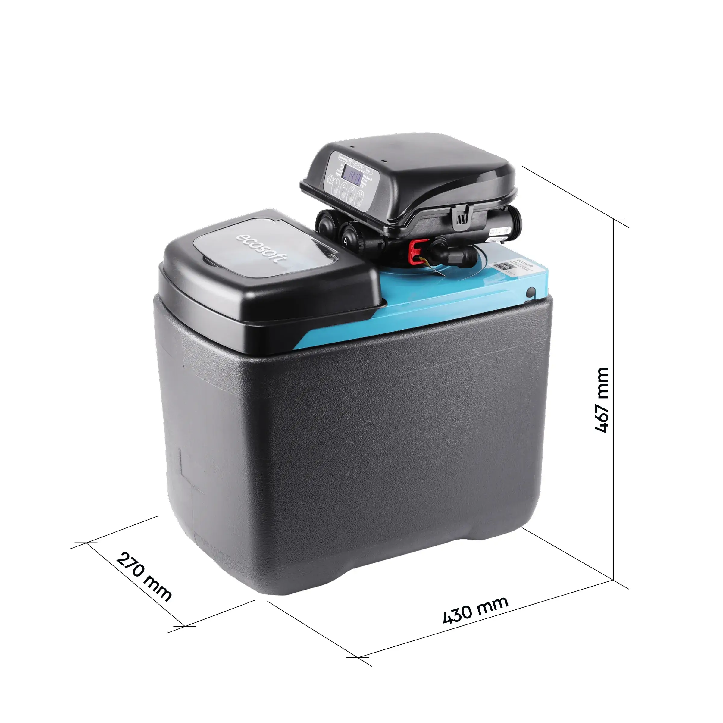 Dedurizator apa cabinet FILTRO Blue 100, valva Clack DV 1 inch, 10 litri rasina Dowex, debit 1.2 m3/h, regenerare volumetrica sau temporizata, inaltime 47 cm