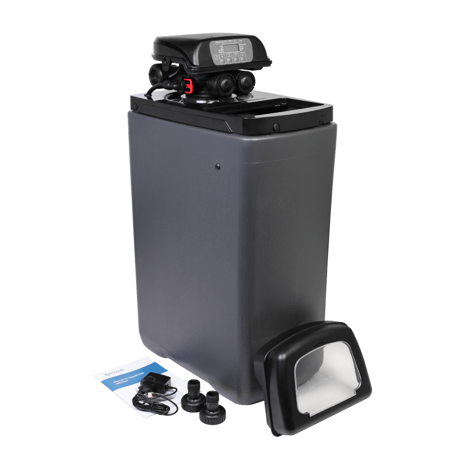 Dedurizator apa cabinet FILTRO Blue 200, valva Clack DV 1 inch cu regenerare timp/volum, 20 litri rasina Dowex, debit 1.8 m3/h, capacitate 4 m3, inaltime 74 cm