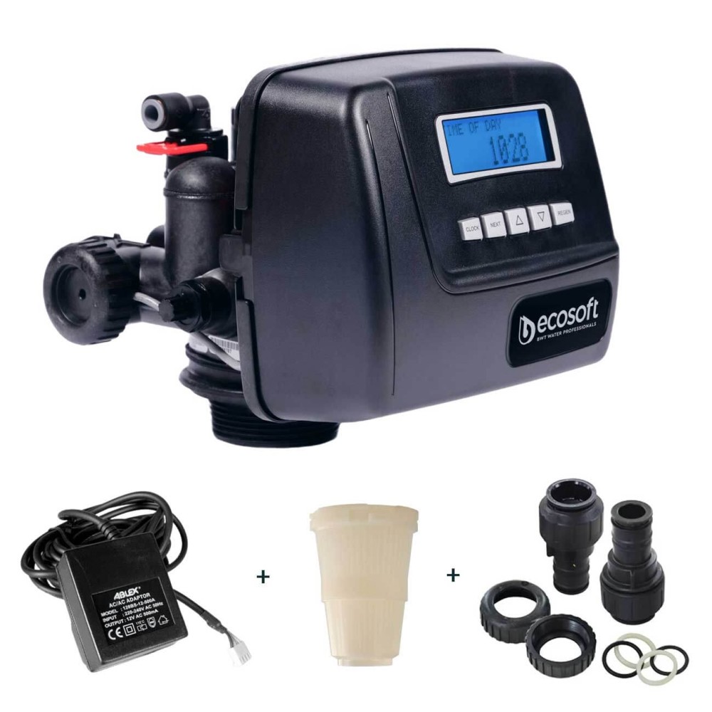 Vană de comandă Clack WS1CE-M, kit complet cu sursă și conexiuni, DLFC și distribuitor, valvă de mixare, programare pe volum sau timp