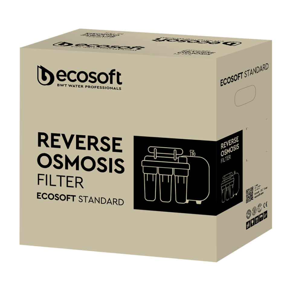 Sistem de osmoză inversă Ecosoft Standard PRO, 5 stadii cu remineralizare, membrană 50 GPD, pompă booster inclusă și bazin de stocare 12 litri BPA Free