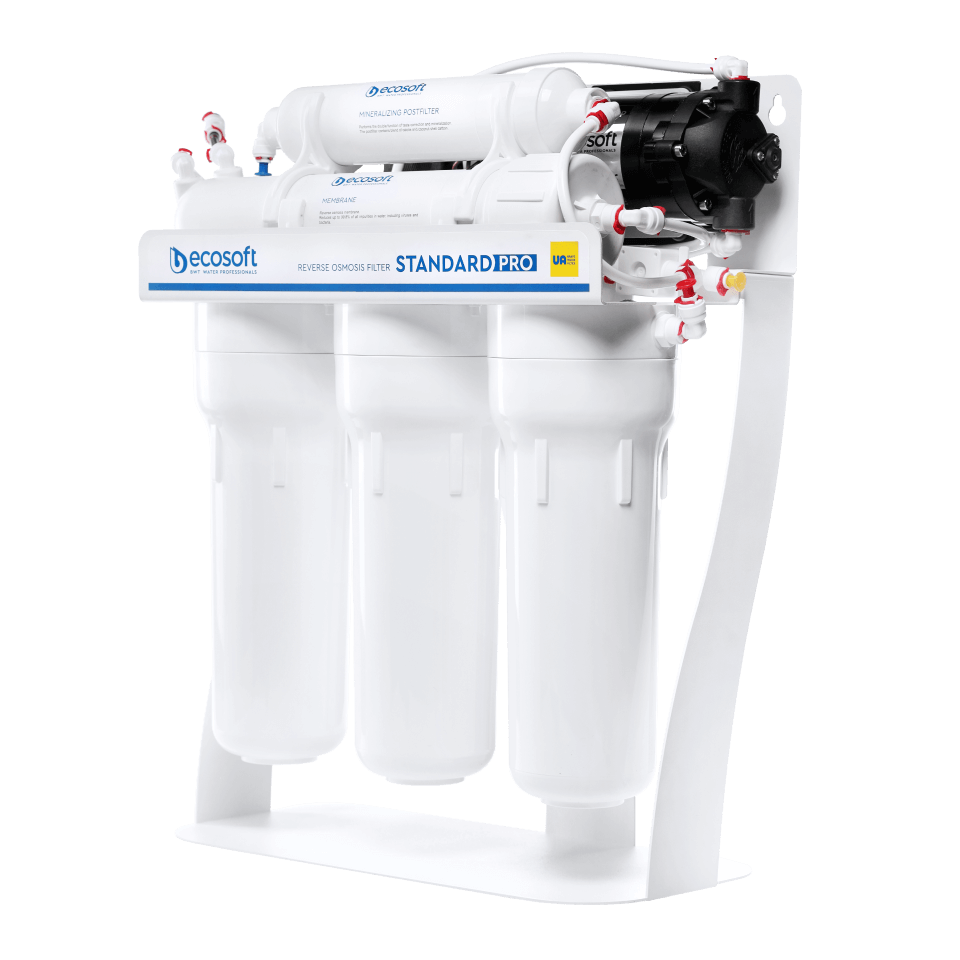 Sistem de osmoză inversă Ecosoft Standard PRO, 5 stadii cu remineralizare, membrană 50 GPD, pompă booster inclusă și bazin de stocare 12 litri BPA Free