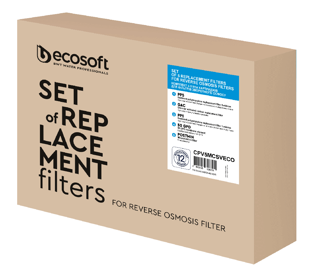 Set 5 cartuse filtrare Ecosoft cu membrana osmoza inversa 50 GPD, prefiltrare in 5 stadii, mineralizare si mufe rapide, compatibil sisteme Ecosoft Standard si Pure
