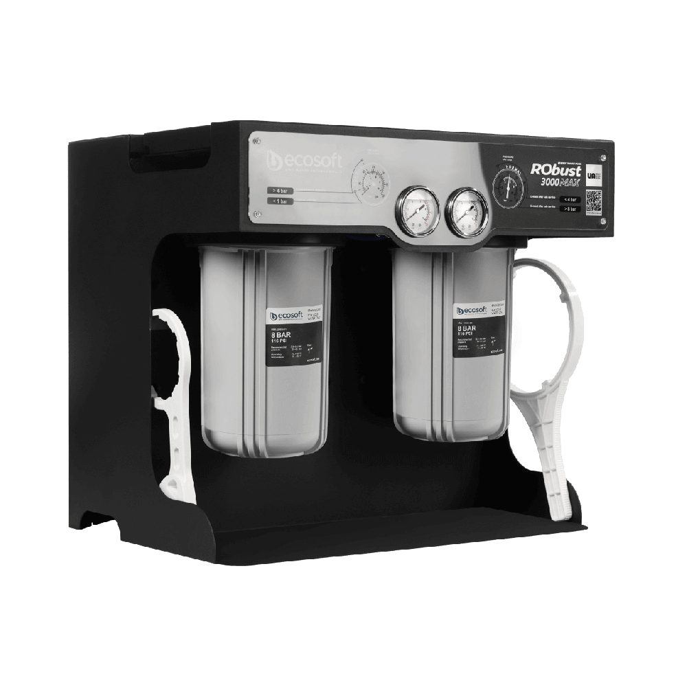 Sistem osmoza inversa comerciala Ecosoft ROBUST 3000MAX, debit direct 180 l/h, 2 membrane 500 GPD, pompa booster inclusa, 4 stadii de filtrare, filtrare 0.0001 microni