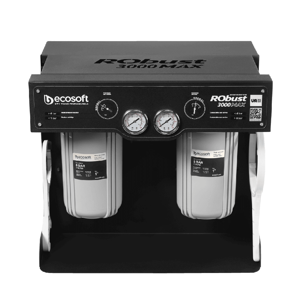 Sistem osmoza inversa comerciala Ecosoft ROBUST 3000MAX, debit direct 180 l/h, 2 membrane 500 GPD, pompa booster inclusa, 4 stadii de filtrare, filtrare 0.0001 microni