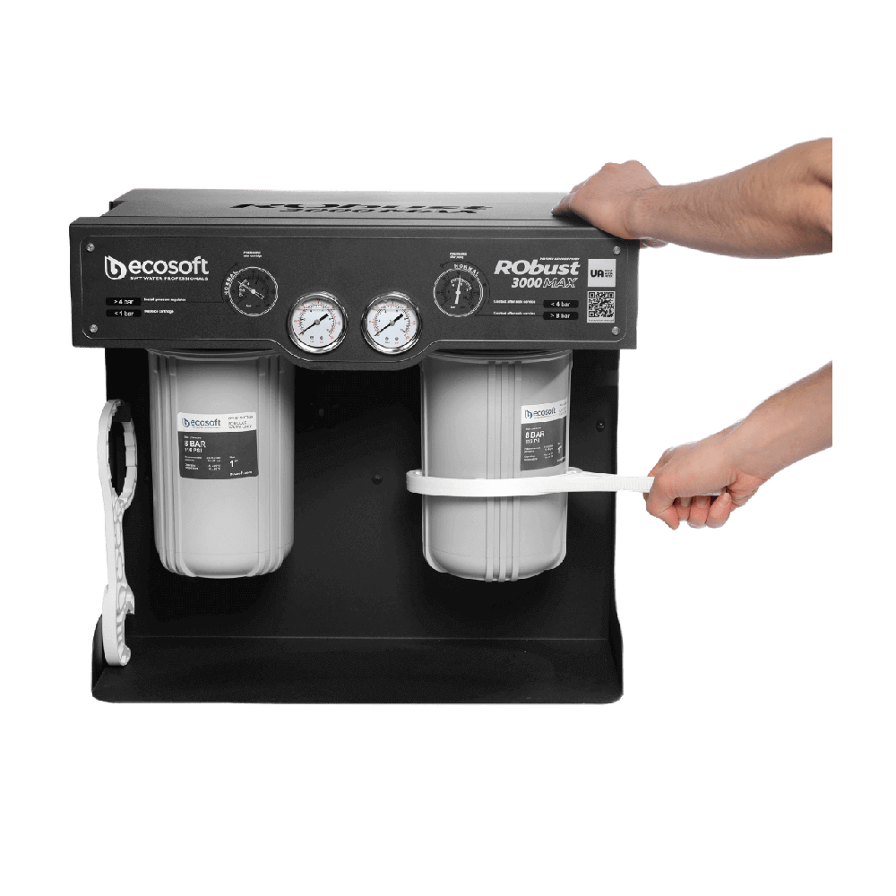 Sistem osmoza inversa comerciala Ecosoft ROBUST 3000MAX, debit direct 180 l/h, 2 membrane 500 GPD, pompa booster inclusa, 4 stadii de filtrare, filtrare 0.0001 microni