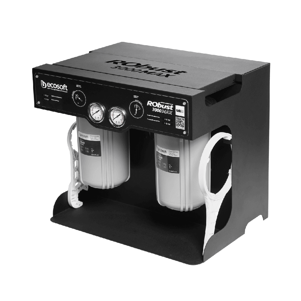 Sistem osmoza inversa comerciala Ecosoft ROBUST 3000MAX, debit direct 180 l/h, 2 membrane 500 GPD, pompa booster inclusa, 4 stadii de filtrare, filtrare 0.0001 microni