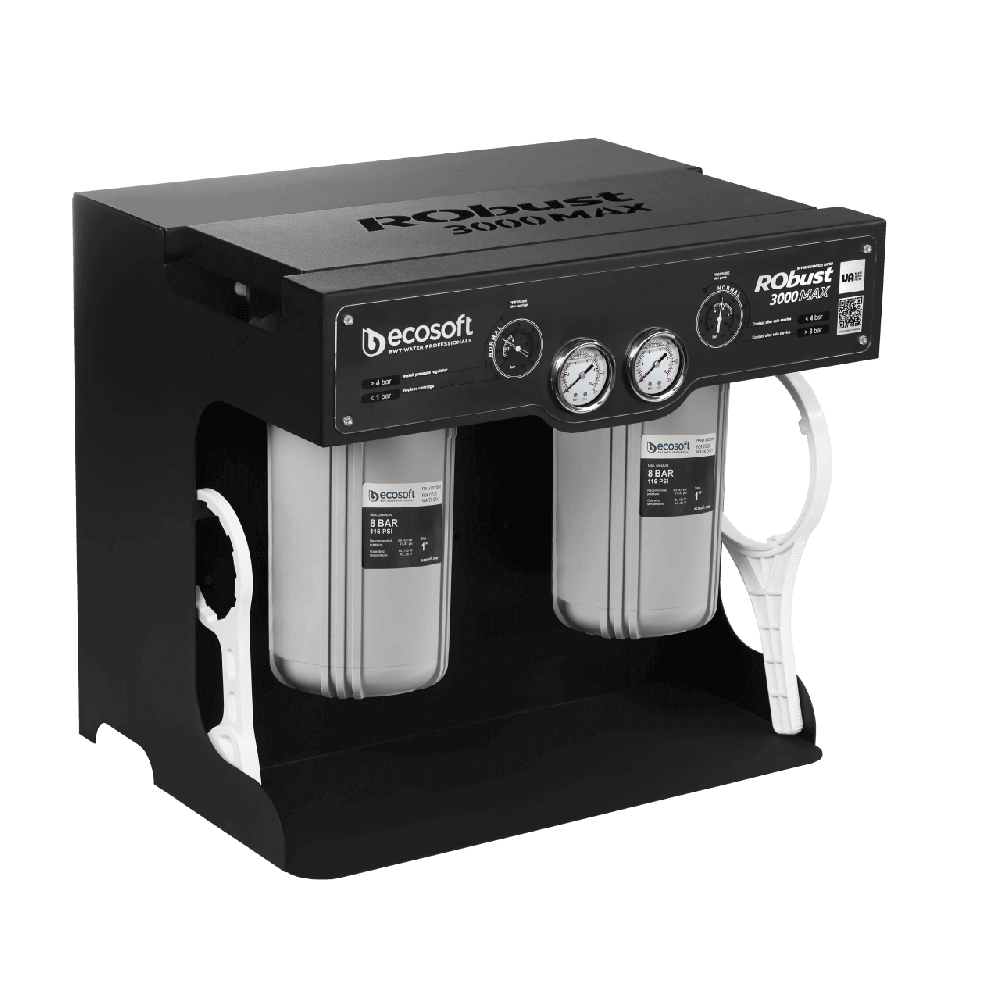 Sistem osmoza inversa comerciala Ecosoft ROBUST 3000MAX, debit direct 180 l/h, 2 membrane 500 GPD, pompa booster inclusa, 4 stadii de filtrare, filtrare 0.0001 microni