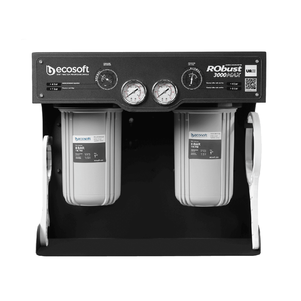 Sistem osmoza inversa comerciala Ecosoft ROBUST 3000MAX, debit direct 180 l/h, 2 membrane 500 GPD, pompa booster inclusa, 4 stadii de filtrare, filtrare 0.0001 microni