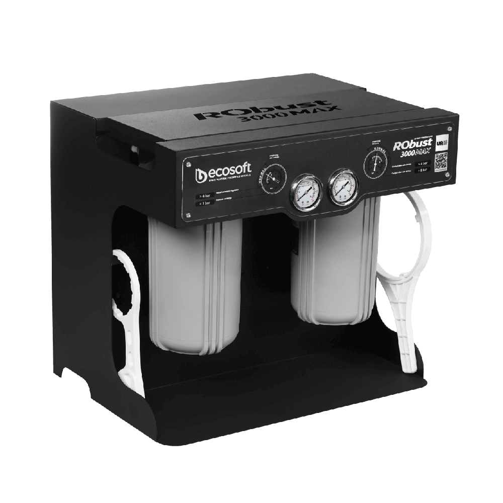 Sistem osmoza inversa comerciala Ecosoft ROBUST 3000MAX, debit direct 180 l/h, 2 membrane 500 GPD, pompa booster inclusa, 4 stadii de filtrare, filtrare 0.0001 microni