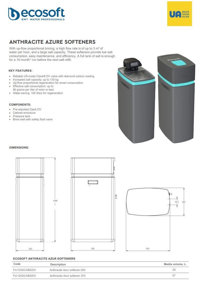 Statie automata de dedurizare Ecosoft Anthracite Azure 250, 25 litri rasina, debit nominal 2.5 m3/h, cabinet gri-verde