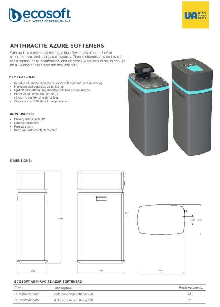 Statie automata de dedurizare Ecosoft Anthracite Azure 370, 37 litri rasina, debit nominal 2.9 m3/h, cabinet gri-verde